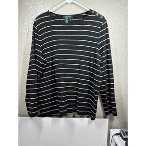 Lauren Ralph Lauren Black Gold Striped Button Shoulder‎ Cotton Tee Plus Size 1X